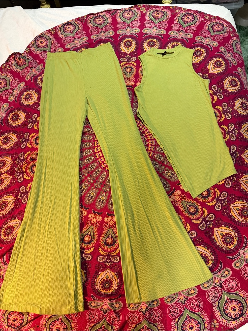 SHEIN Lime Green Ribbed Sleeveless Top & Flared Pants Set